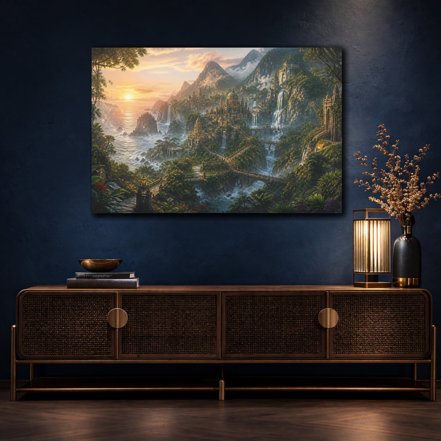 Mockup 4. Sunrise Waterfall City shown as canvas print