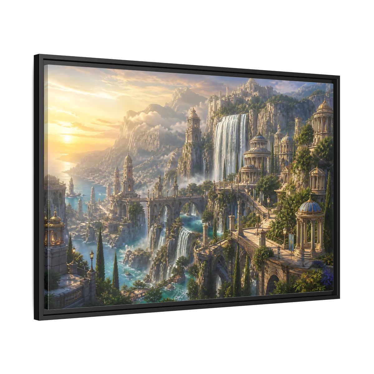 Side Mockup 13. Sunrise Waterfall Kingdom shown as framed canvas print