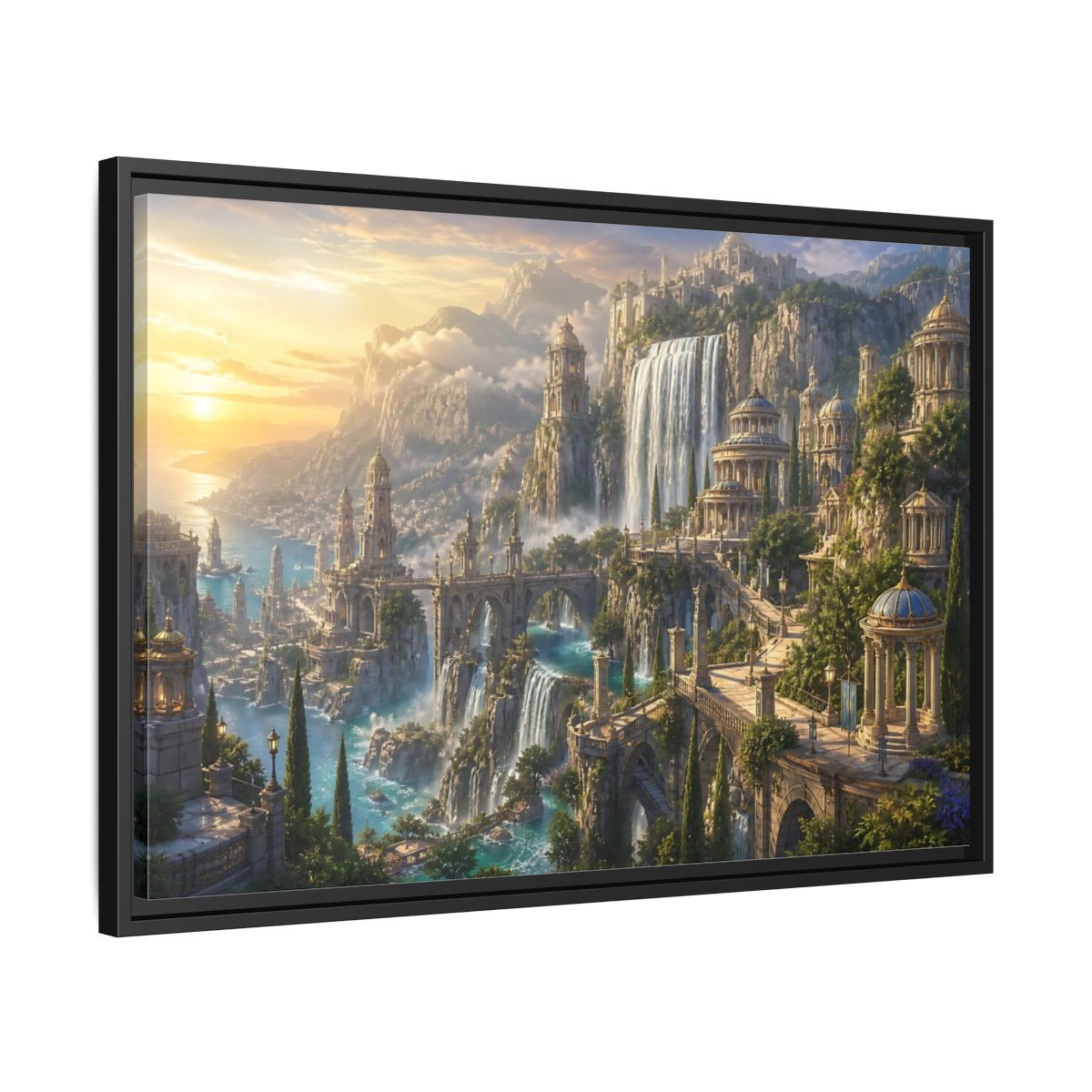 Side Mockup 14. Sunrise Waterfall Kingdom shown as framed canvas print