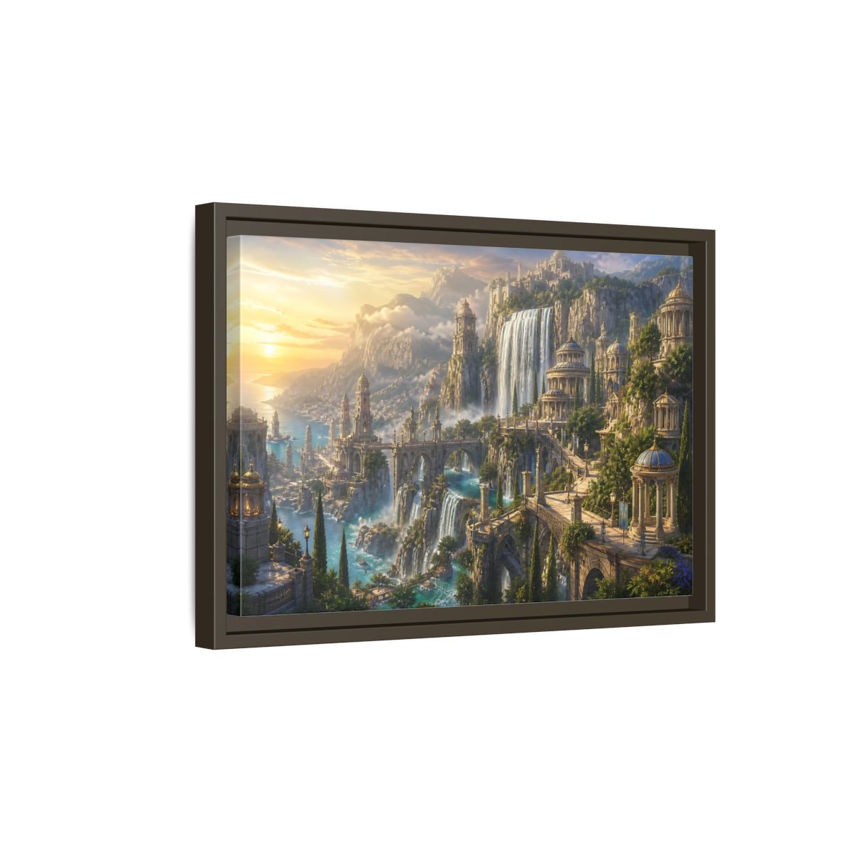 Side Mockup 5. Sunrise Waterfall Kingdom shown as framed canvas print