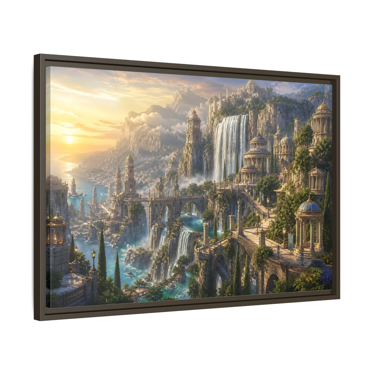 Side Mockup 11. Sunrise Waterfall Kingdom shown as framed canvas print