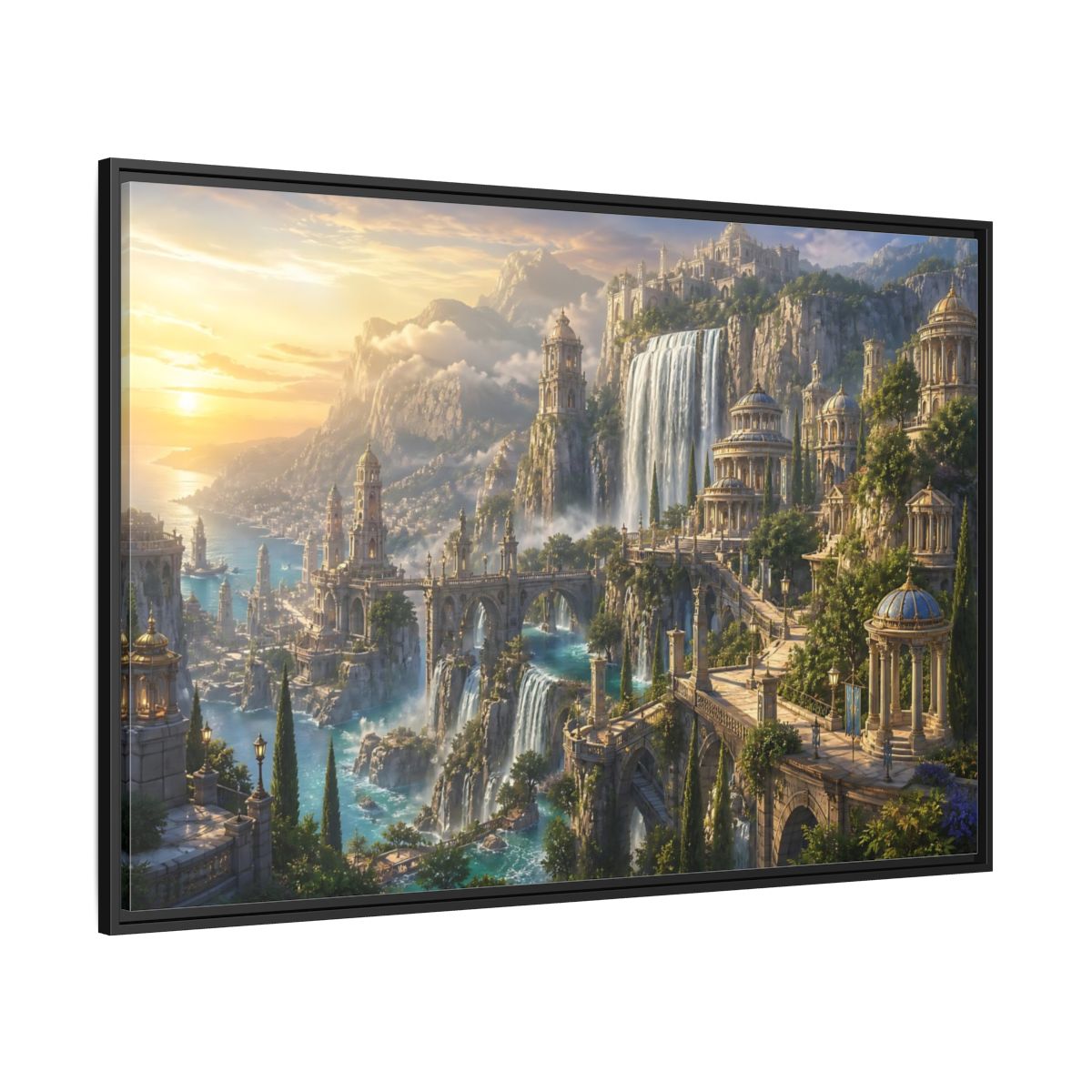 Side Mockup 12. Sunrise Waterfall Kingdom shown as framed canvas print