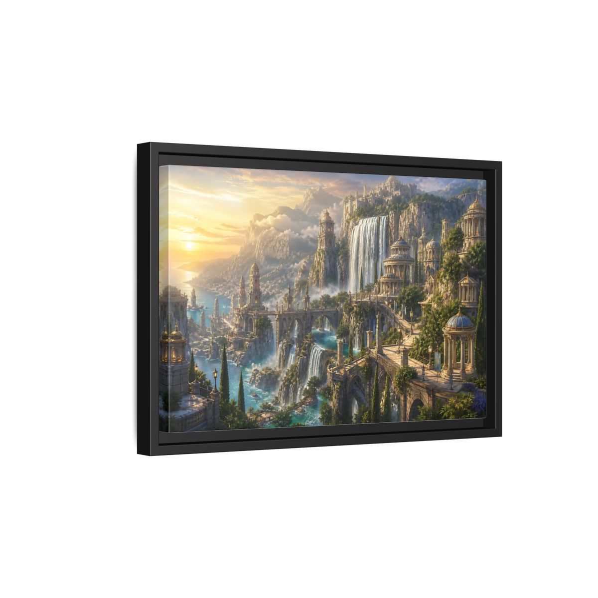 Side Mockup 6. Sunrise Waterfall Kingdom shown as framed canvas print