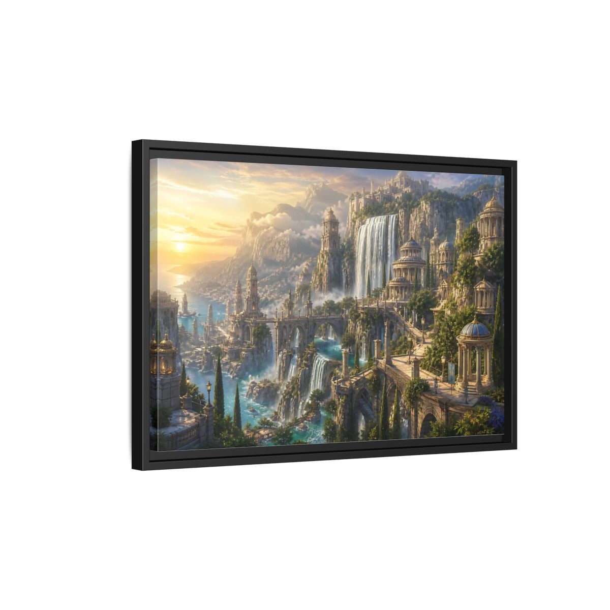 Side Mockup 3. Sunrise Waterfall Kingdom shown as framed canvas print