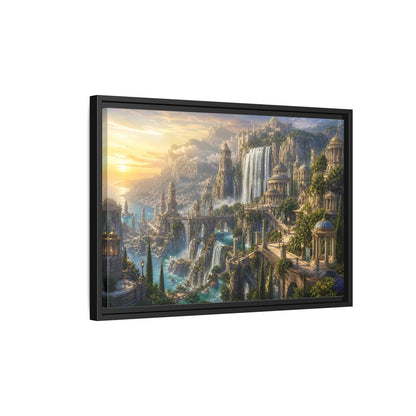 Side Mockup 3. Sunrise Waterfall Kingdom shown as framed canvas print