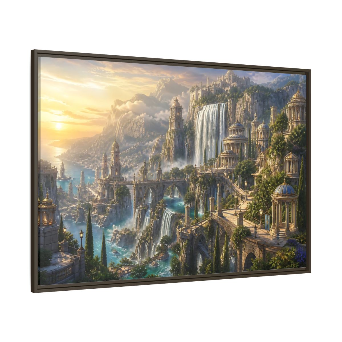 Side Mockup 8. Sunrise Waterfall Kingdom shown as framed canvas print