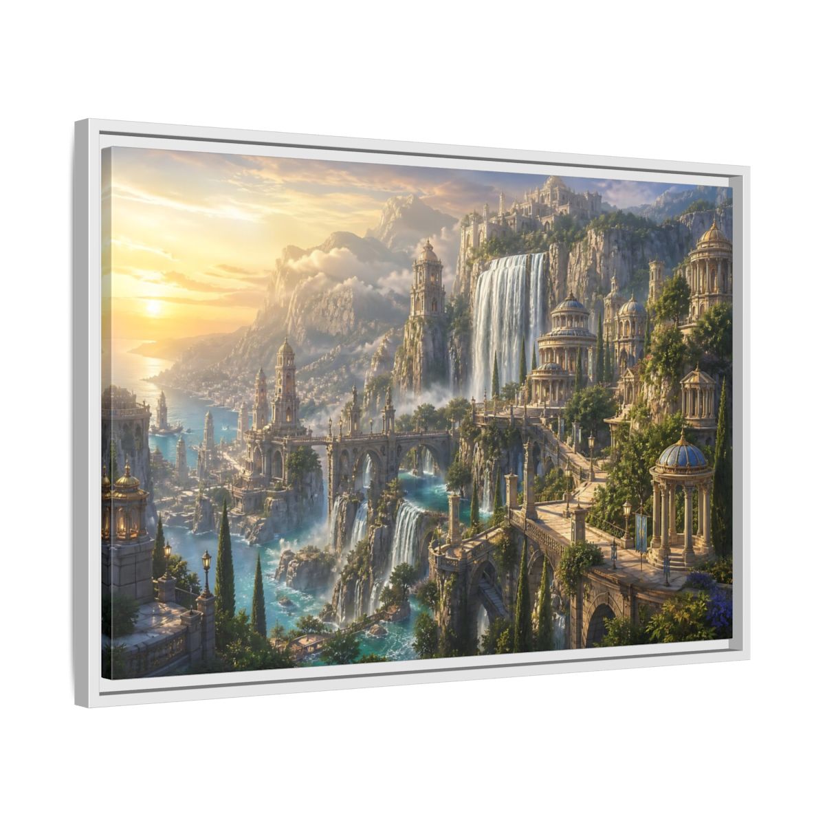 Side Mockup 10. Sunrise Waterfall Kingdom shown as framed canvas print