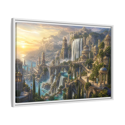 Side Mockup 10. Sunrise Waterfall Kingdom shown as framed canvas print