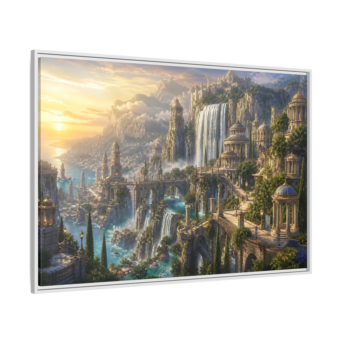 Side Mockup 7. Sunrise Waterfall Kingdom shown as framed canvas print