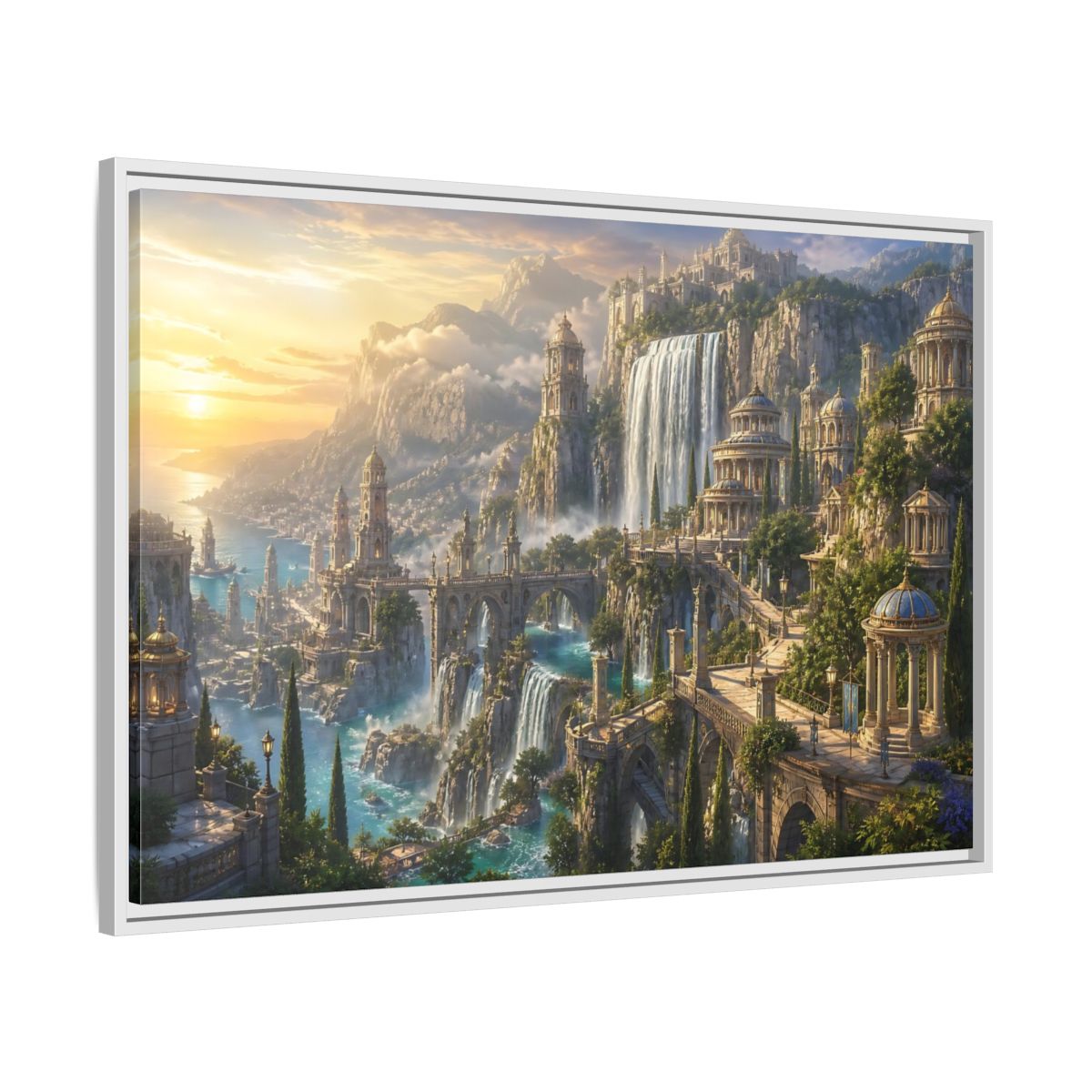 Side Mockup 9. Sunrise Waterfall Kingdom shown as framed canvas print