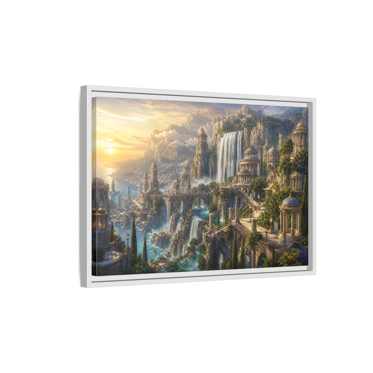 Side Mockup 1. Sunrise Waterfall Kingdom shown as framed canvas print