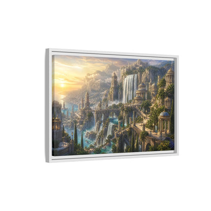 Side Mockup 1. Sunrise Waterfall Kingdom shown as framed canvas print