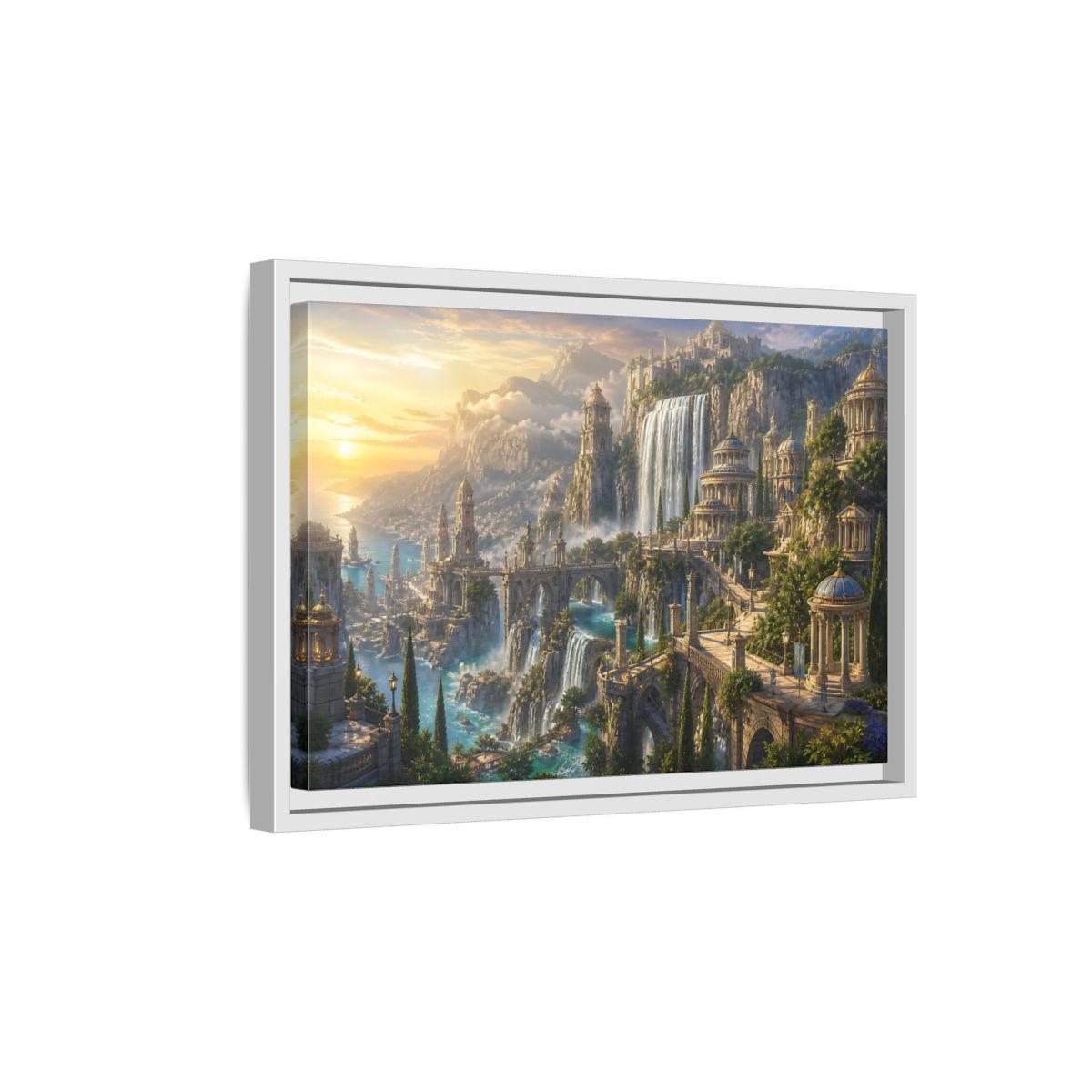 Side Mockup 4. Sunrise Waterfall Kingdom shown as framed canvas print