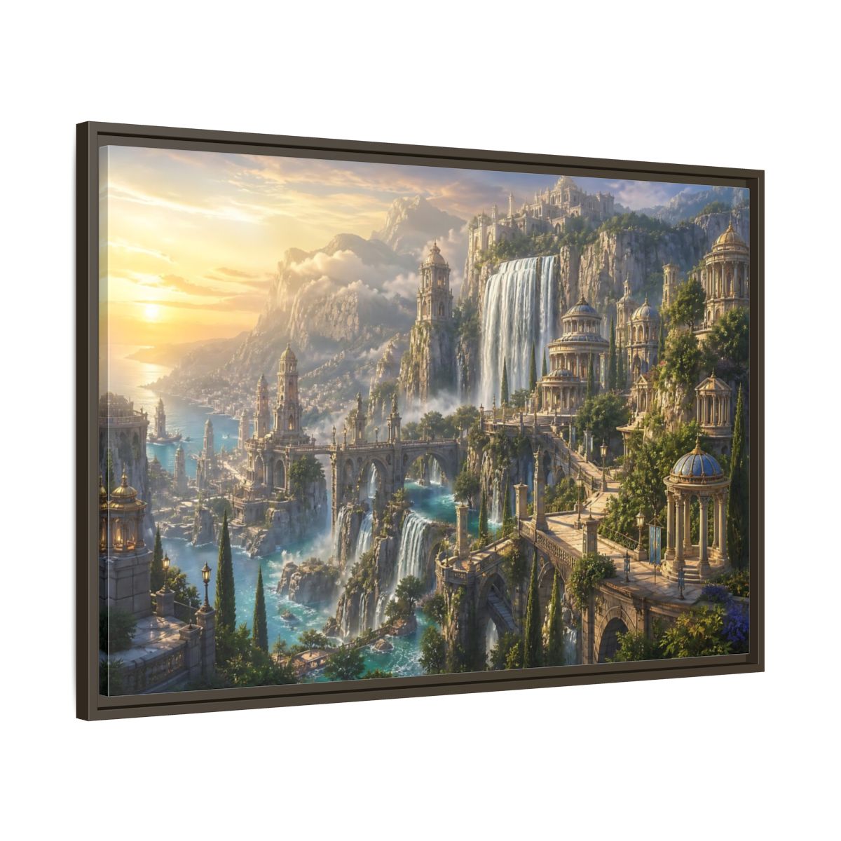 Main Mockup. Sunrise Waterfall Kingdom shown as framed canvas print