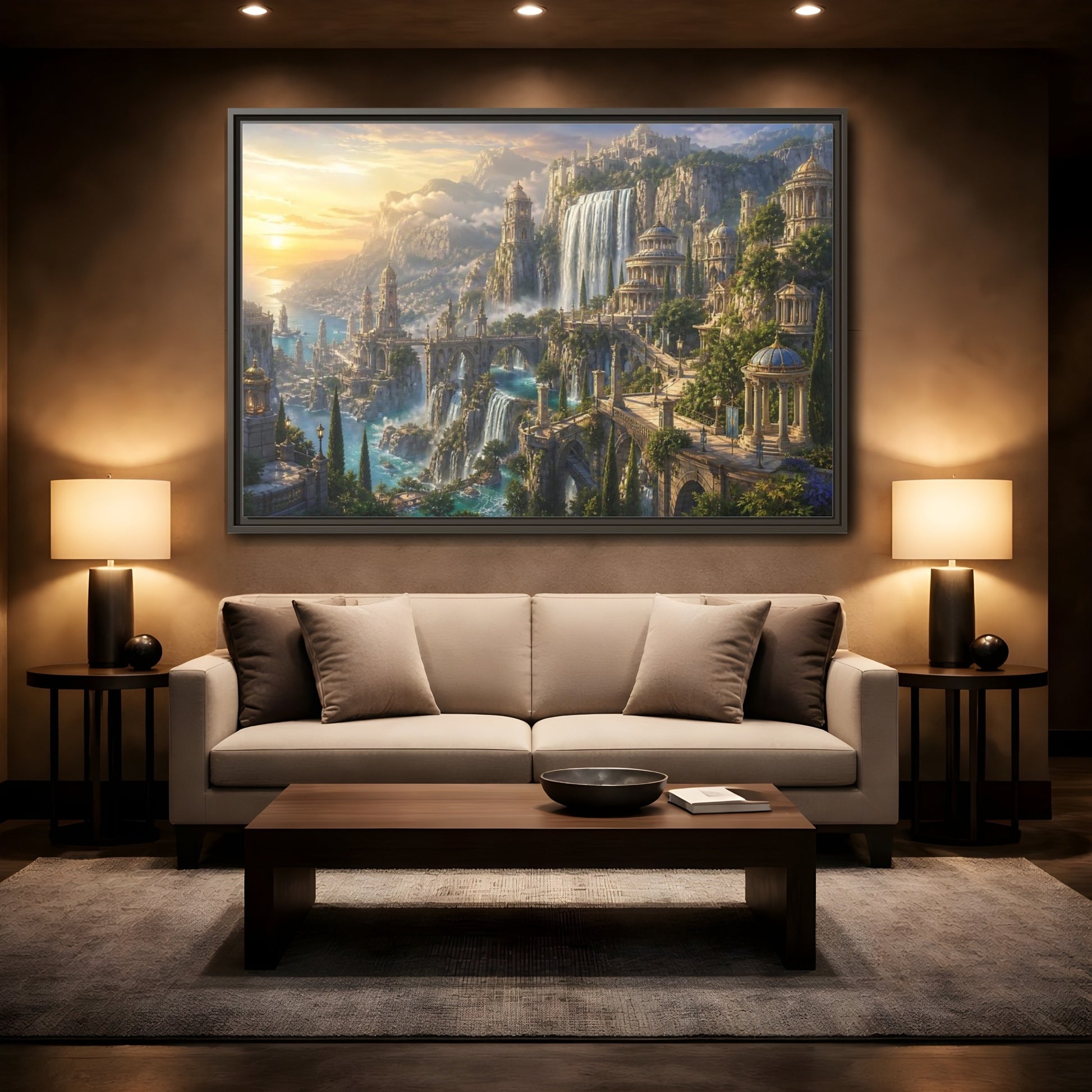 Mockup 2. Sunrise Waterfall Kingdom shown as framed canvas print