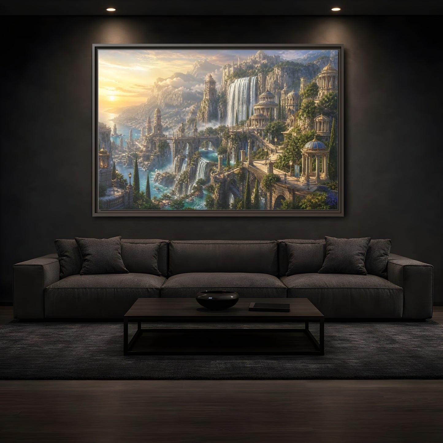 Mockup 3. Sunrise Waterfall Kingdom shown as framed canvas print