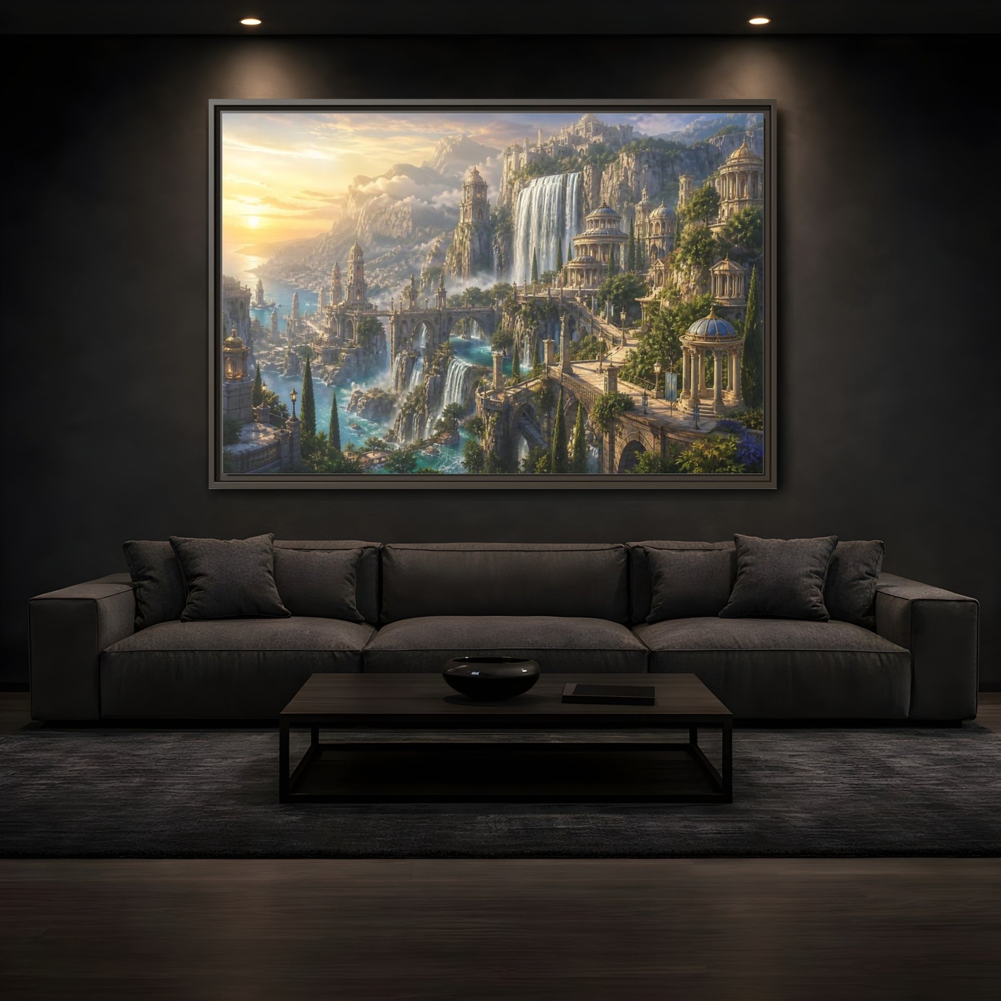 Mockup 3. Sunrise Waterfall Kingdom shown as framed canvas print