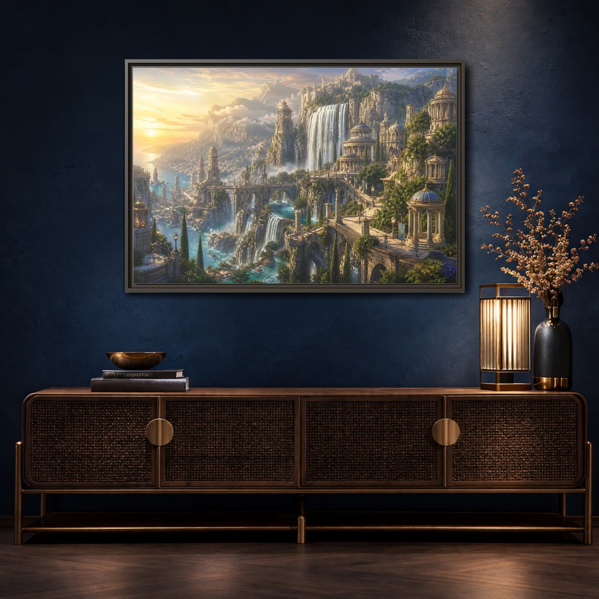 Mockup 4. Sunrise Waterfall Kingdom shown as framed canvas print