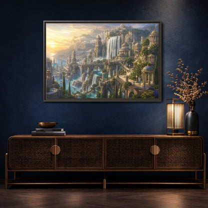 Mockup 4. Sunrise Waterfall Kingdom shown as framed canvas print