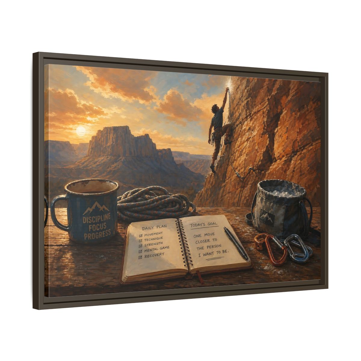 Side Mockup 11. Sunset Ascent shown as framed canvas print