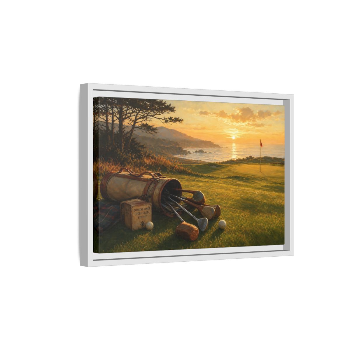 Side Mockup 4. Sunset At Coastal Links shown as framed canvas print