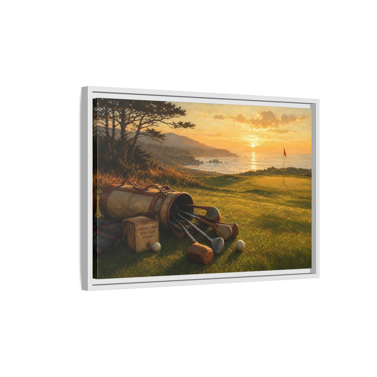 Side Mockup 1. Sunset At Coastal Links shown as framed canvas print