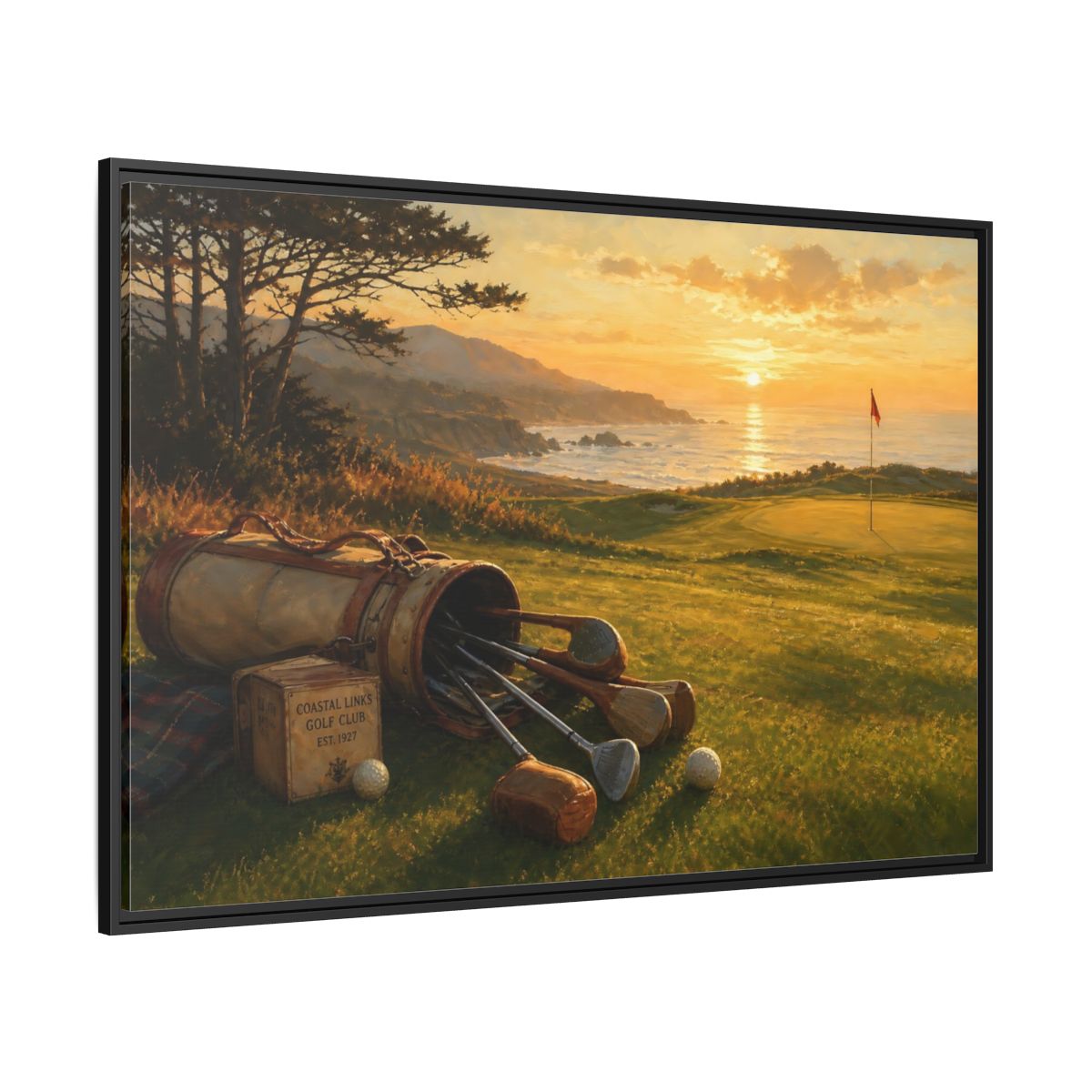 Side Mockup 12. Sunset At Coastal Links shown as framed canvas print