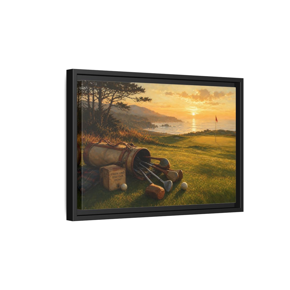 Side Mockup 6. Sunset At Coastal Links shown as framed canvas print