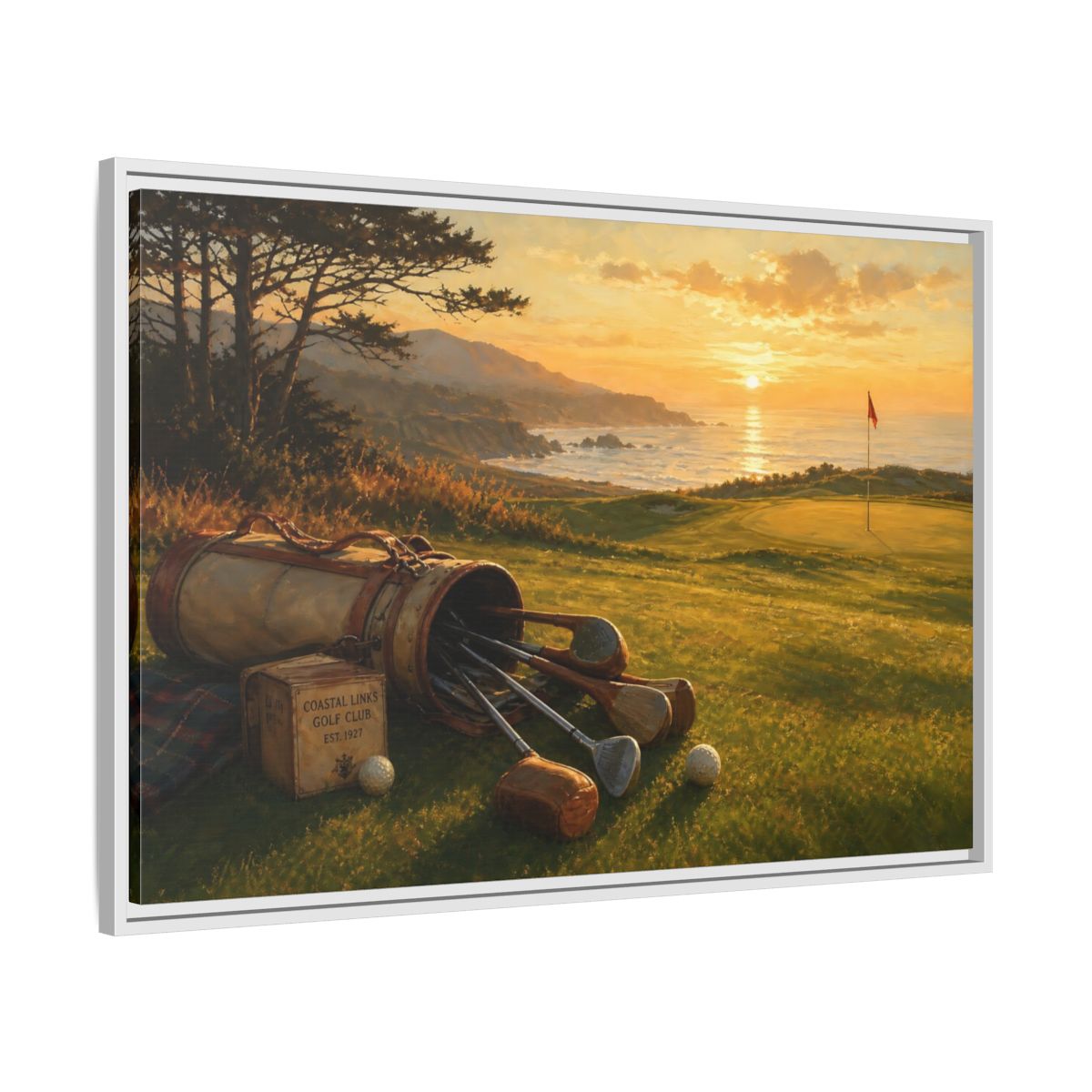 Side Mockup 9. Sunset At Coastal Links shown as framed canvas print