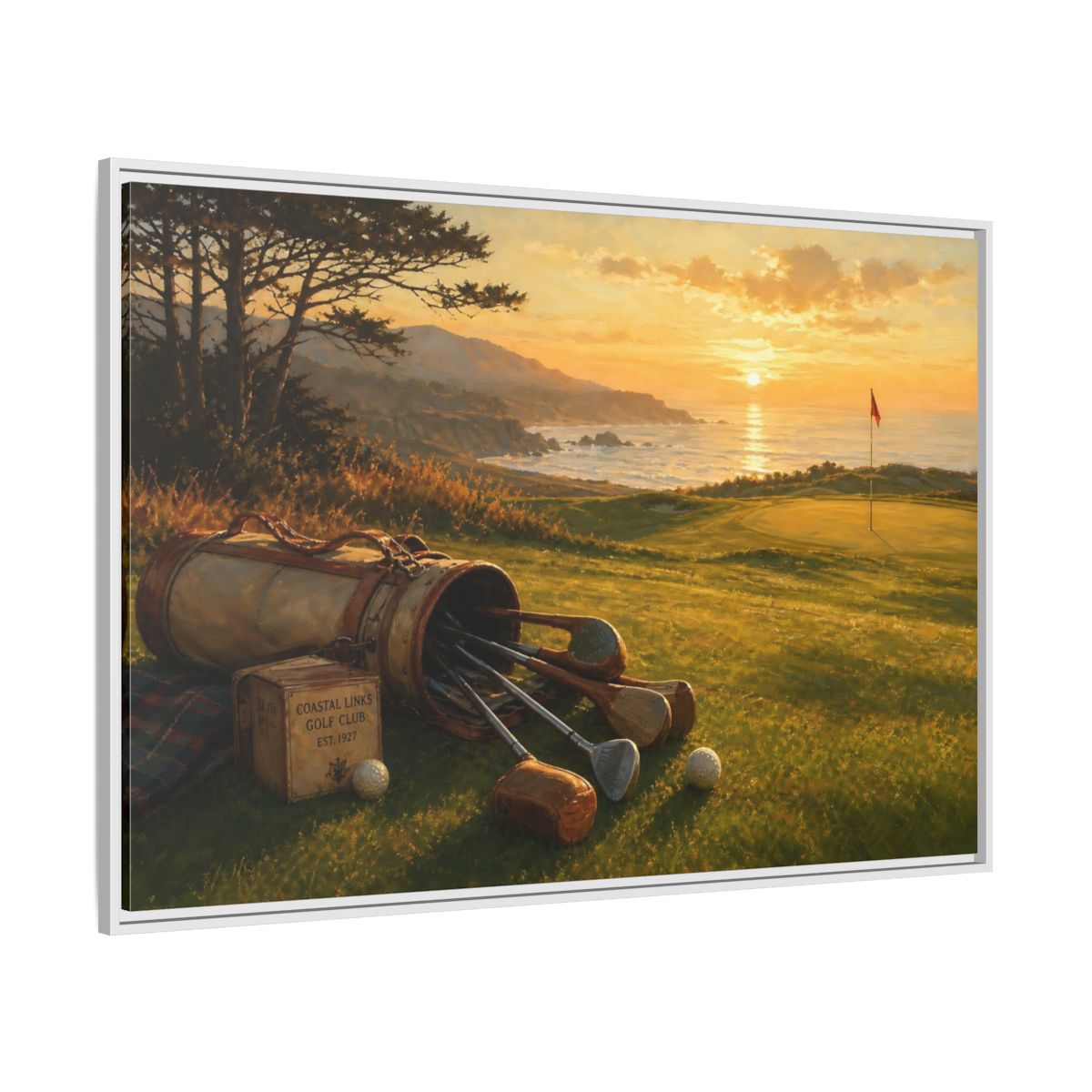 Side Mockup 7. Sunset At Coastal Links shown as framed canvas print