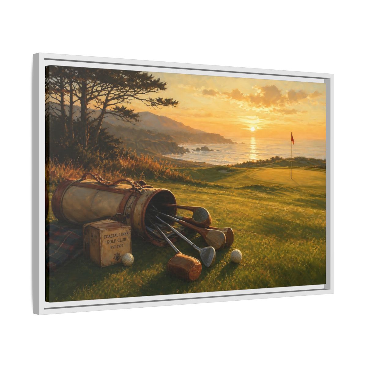 Side Mockup 10. Sunset At Coastal Links shown as framed canvas print