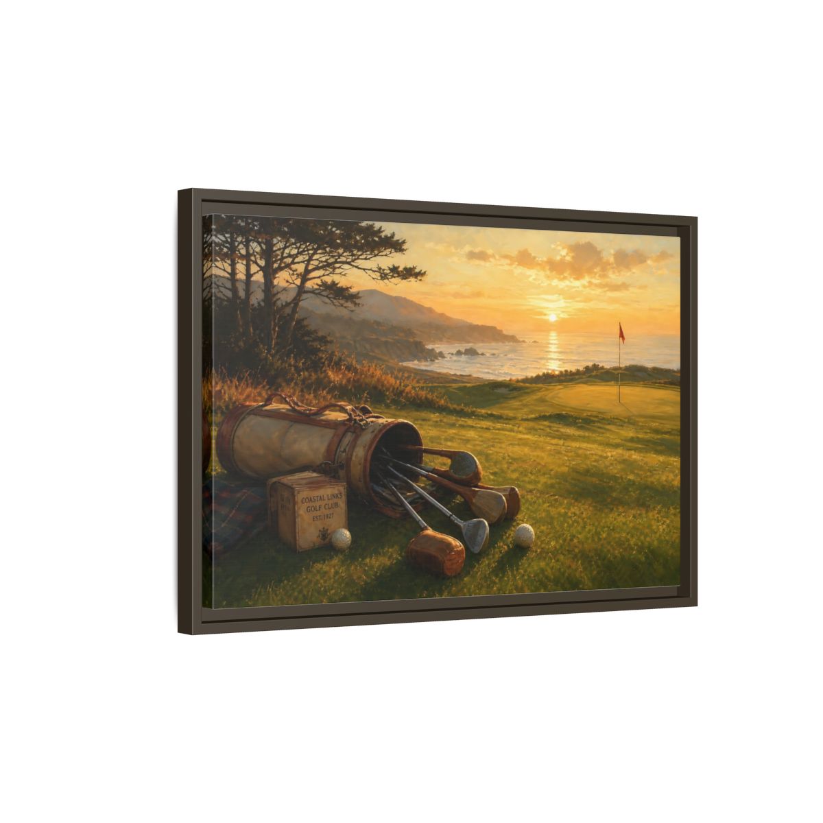 Side Mockup 2. Sunset At Coastal Links shown as framed canvas print