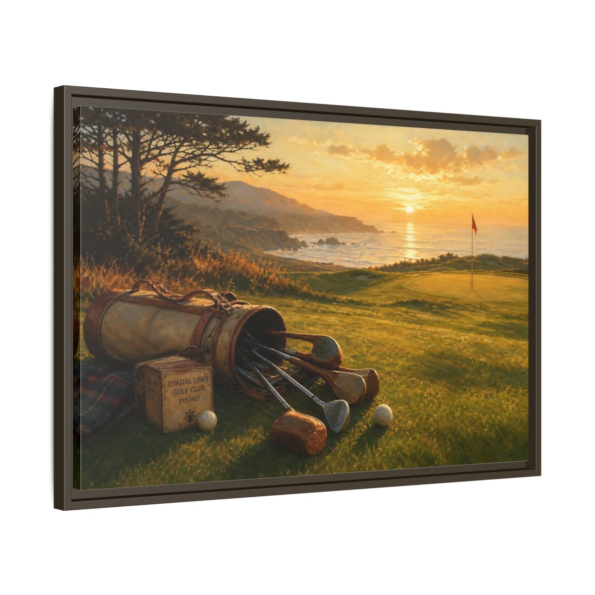 Side Mockup 11. Sunset At Coastal Links shown as framed canvas print