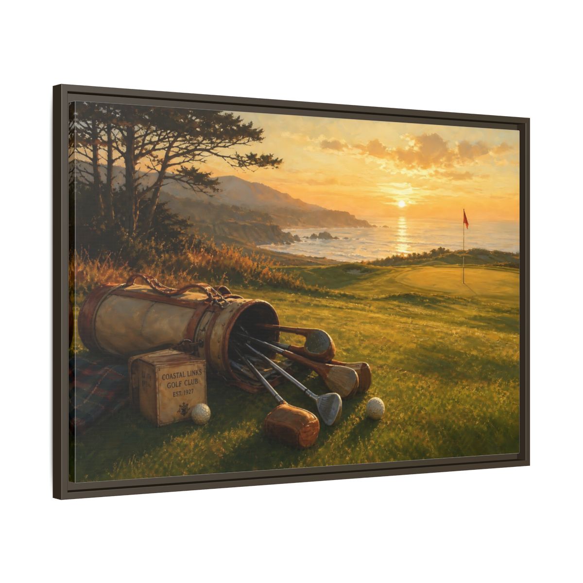Main Mockup. Sunset At Coastal Links shown as framed canvas print