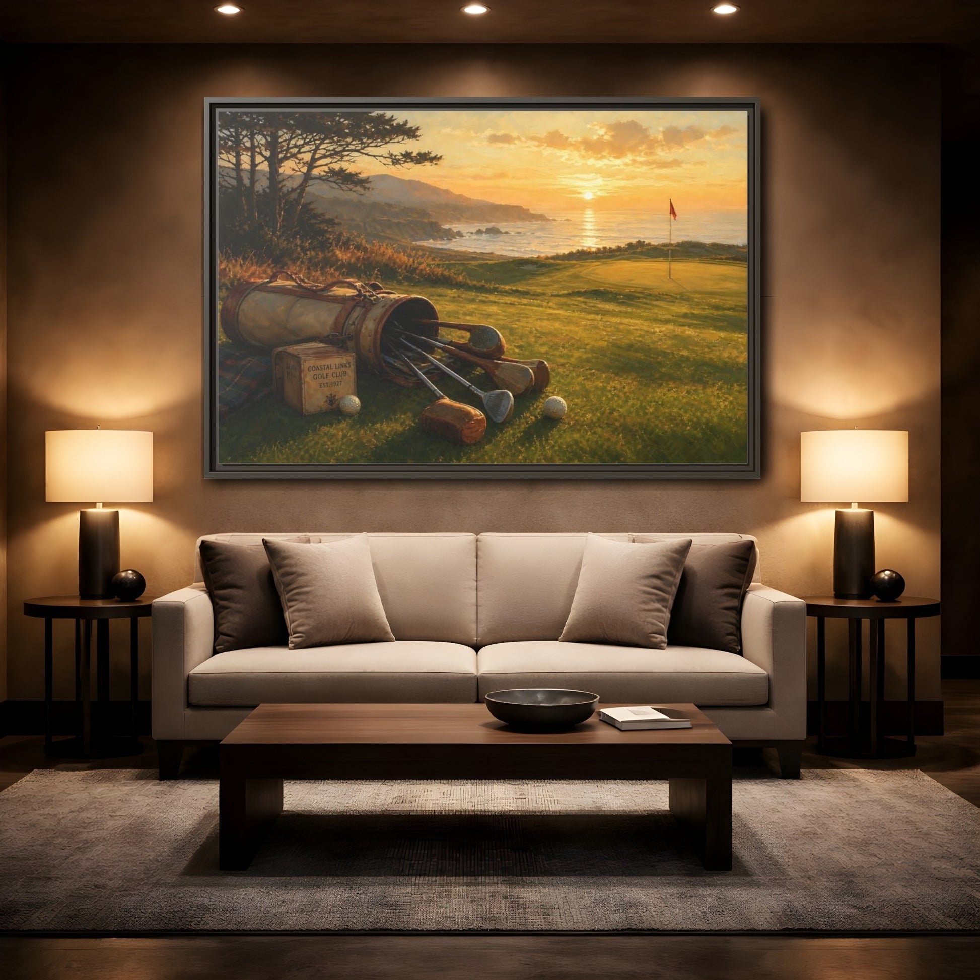 Mockup 2. Sunset At Coastal Links shown as framed canvas print