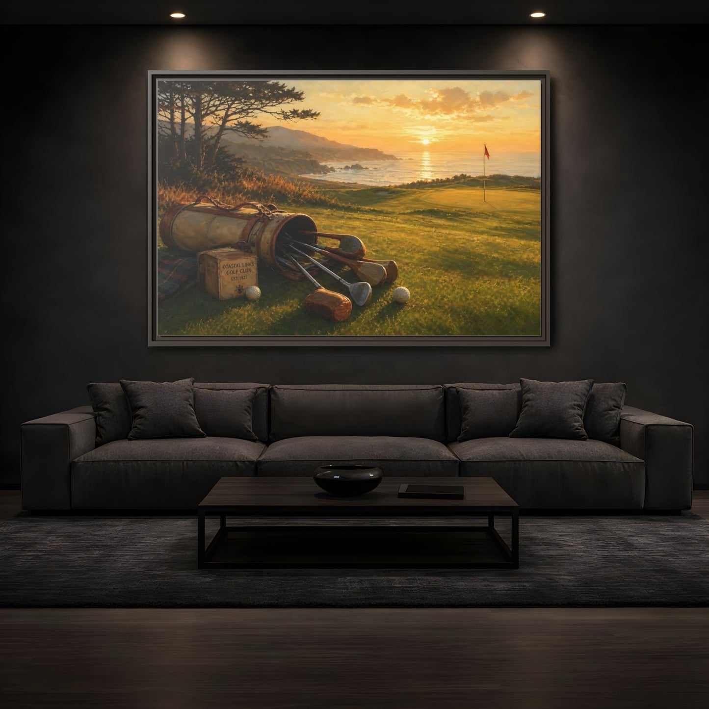 Mockup 3. Sunset At Coastal Links shown as framed canvas print