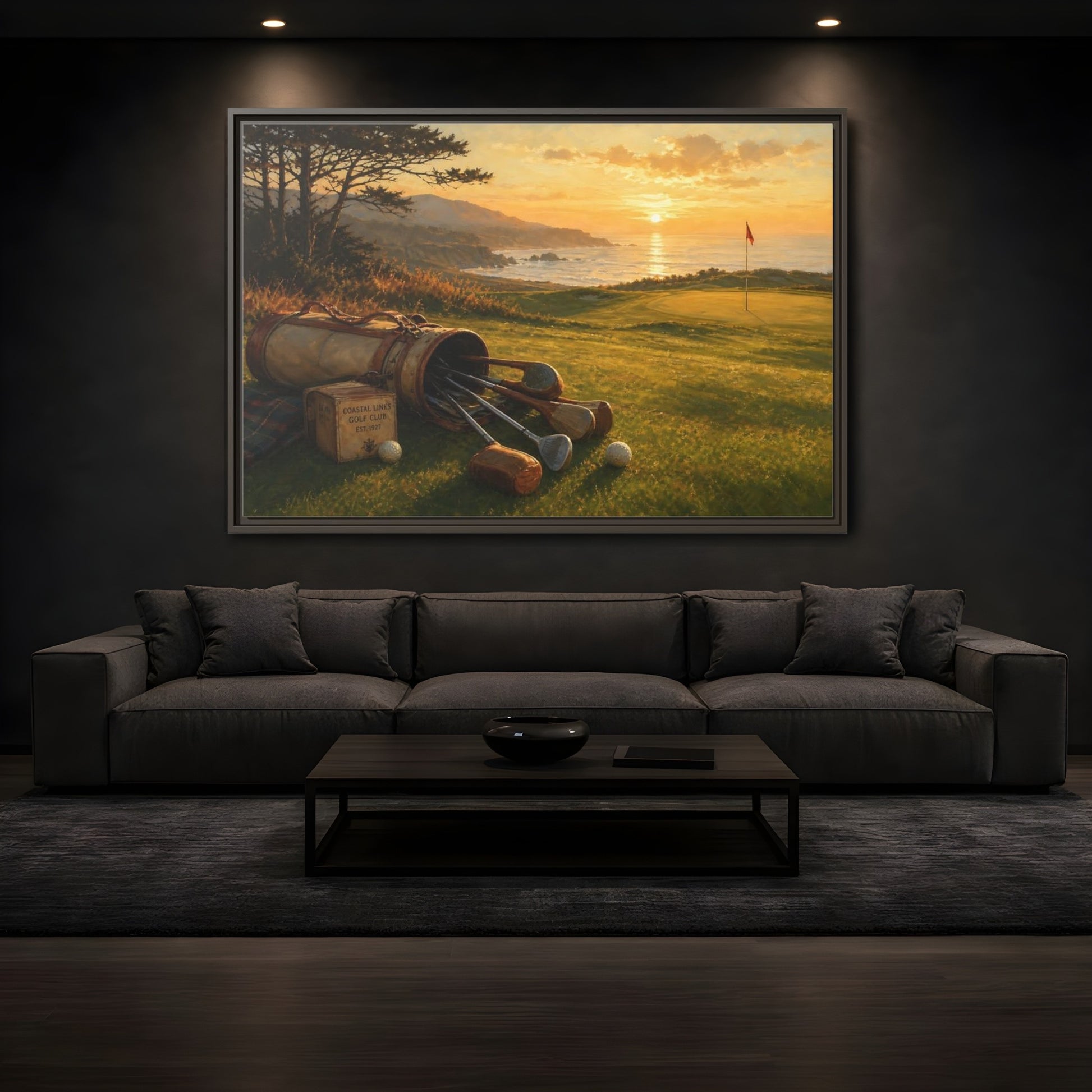 Mockup 3. Sunset At Coastal Links shown as framed canvas print