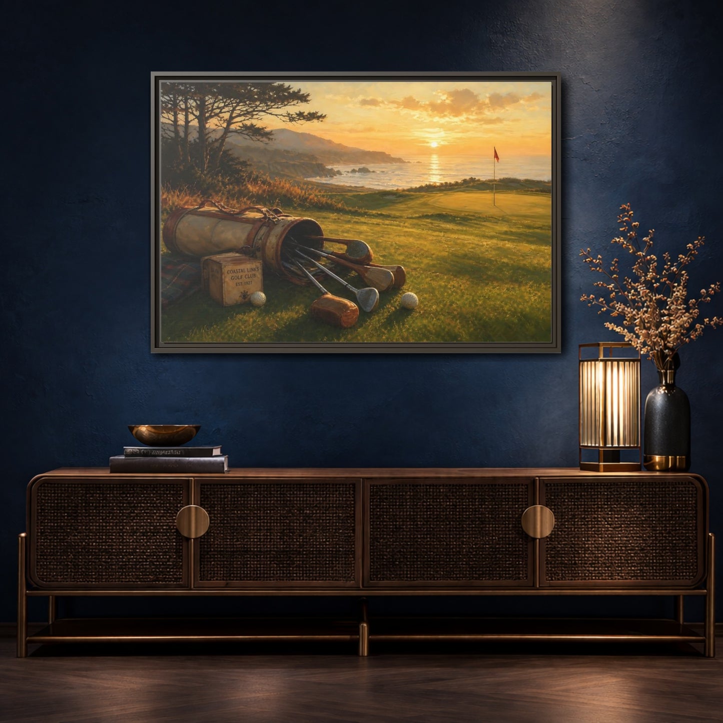 Mockup 4. Sunset At Coastal Links shown as framed canvas print