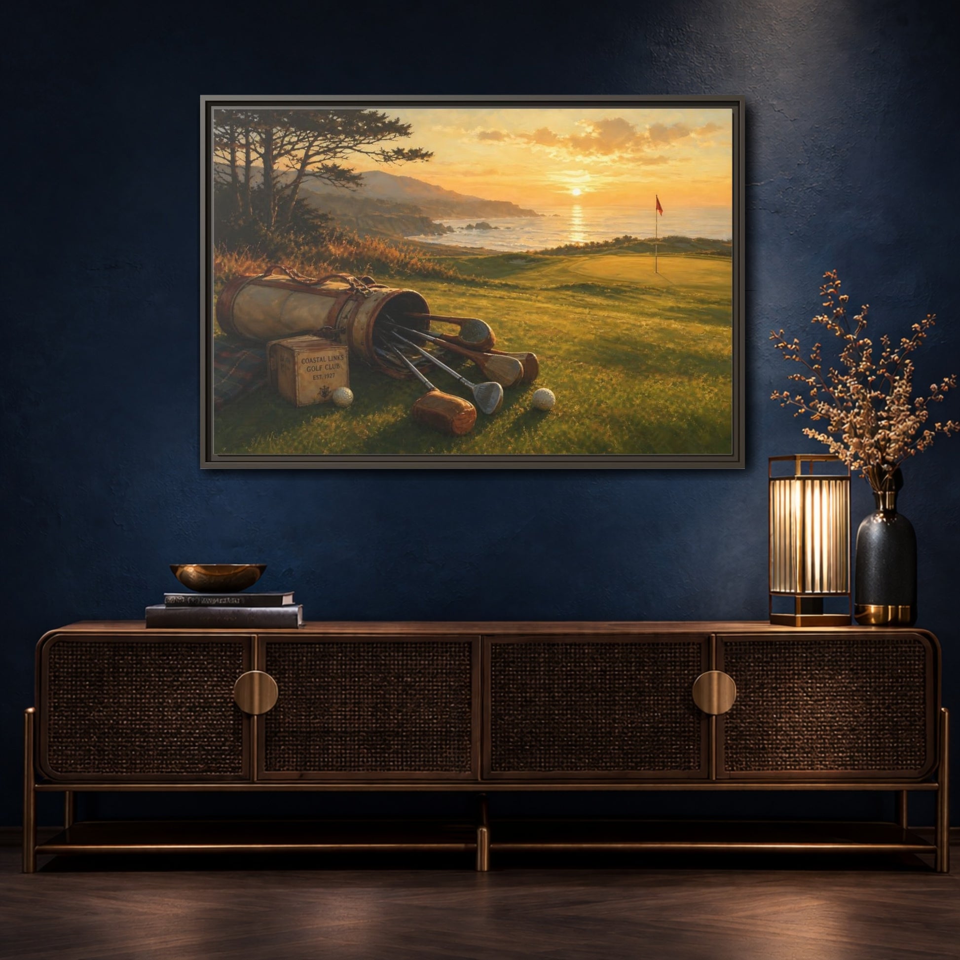 Mockup 4. Sunset At Coastal Links shown as framed canvas print