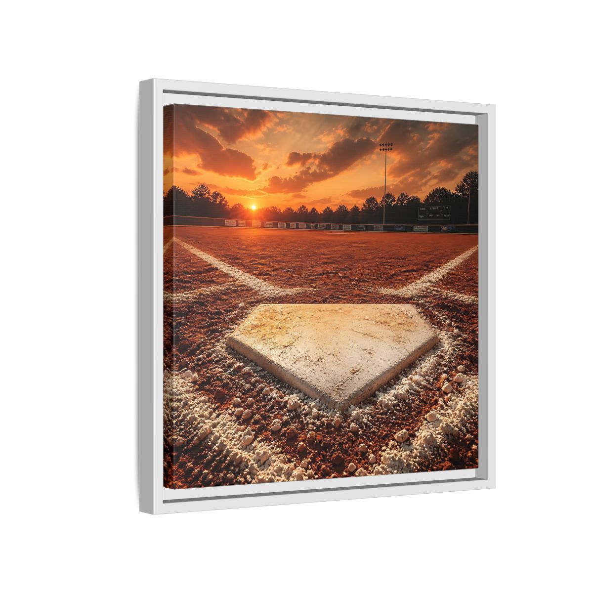 Side Mockup 13. Sunset At Home Plate shown as framed canvas print