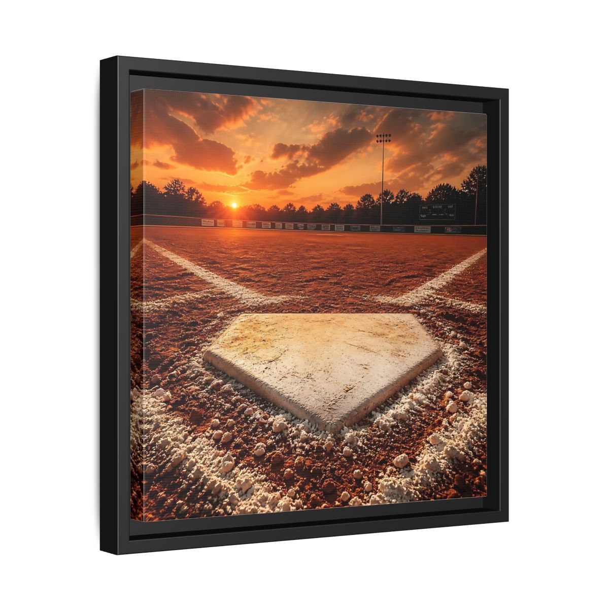 Side Mockup 32. Sunset At Home Plate shown as framed canvas print