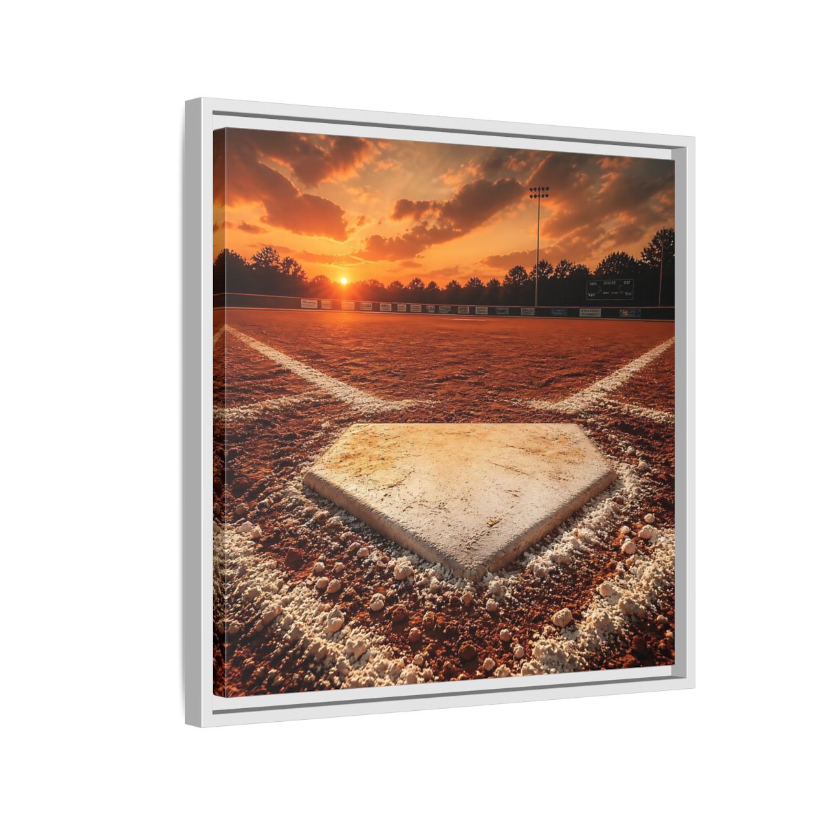 Side Mockup 10. Sunset At Home Plate shown as framed canvas print