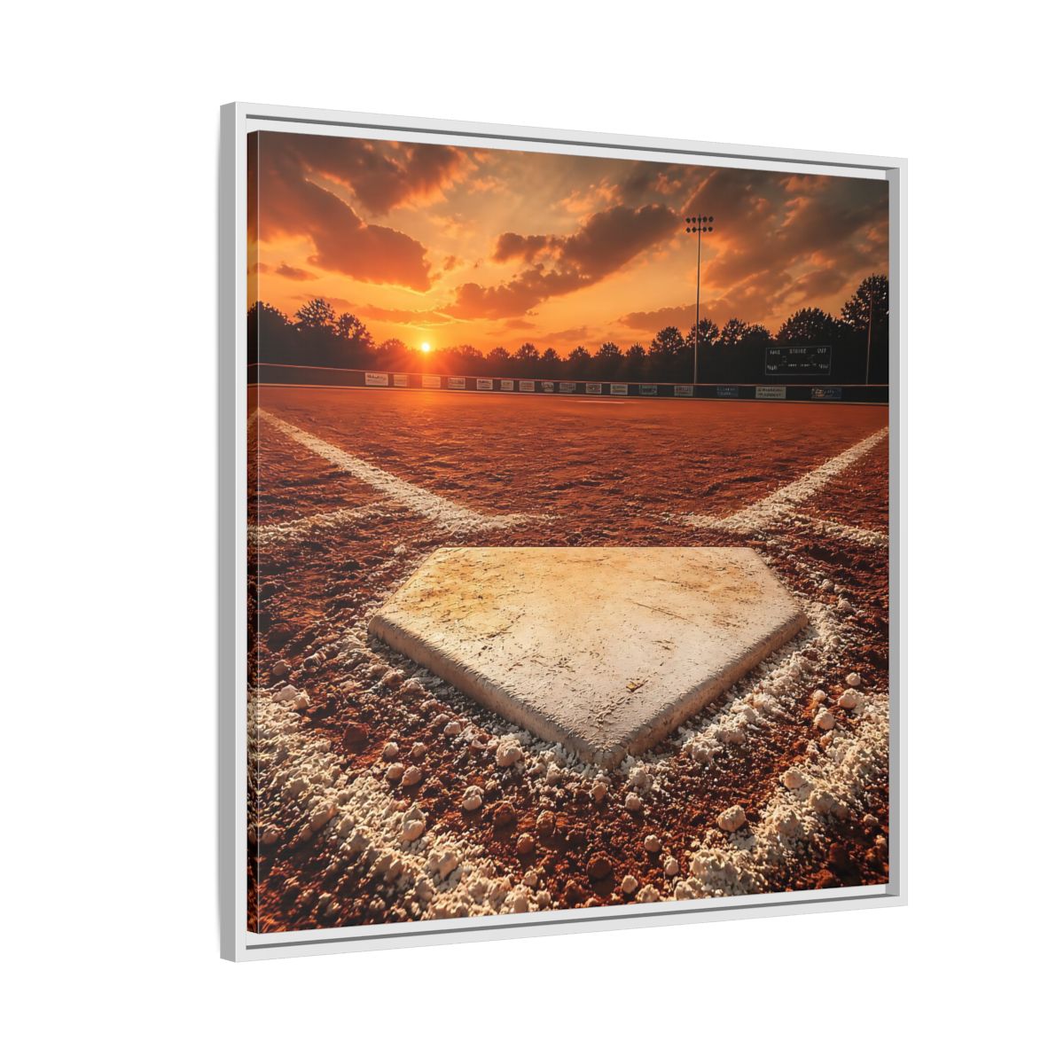 Side Mockup 7. Sunset At Home Plate shown as framed canvas print