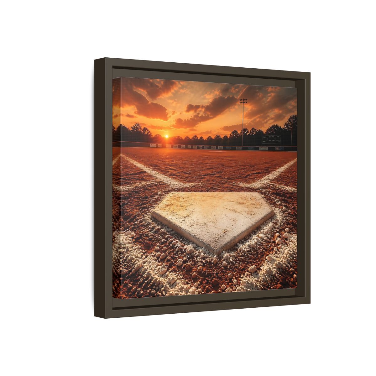 Side Mockup 17. Sunset At Home Plate shown as framed canvas print