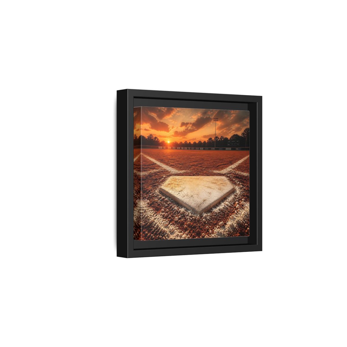 Side Mockup 3. Sunset At Home Plate shown as framed canvas print