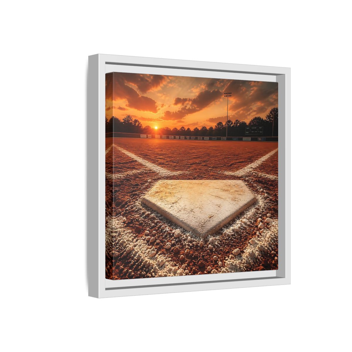 Side Mockup 16. Sunset At Home Plate shown as framed canvas print
