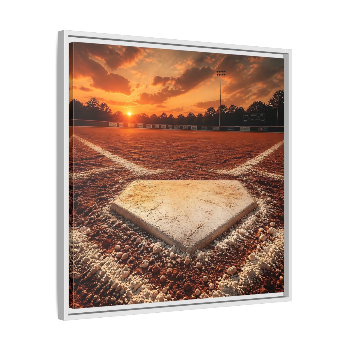 Side Mockup 26. Sunset At Home Plate shown as framed canvas print