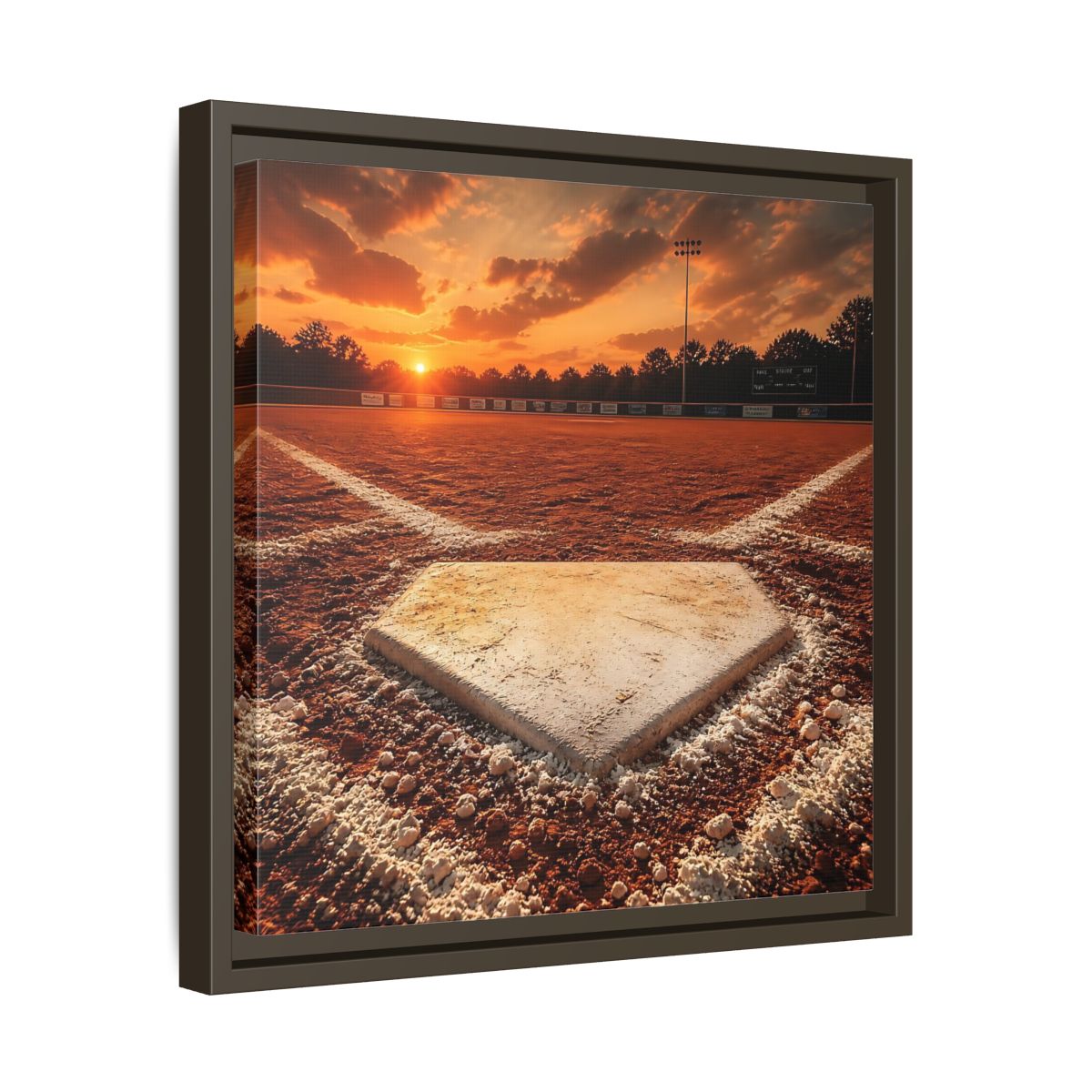 Side Mockup 29. Sunset At Home Plate shown as framed canvas print