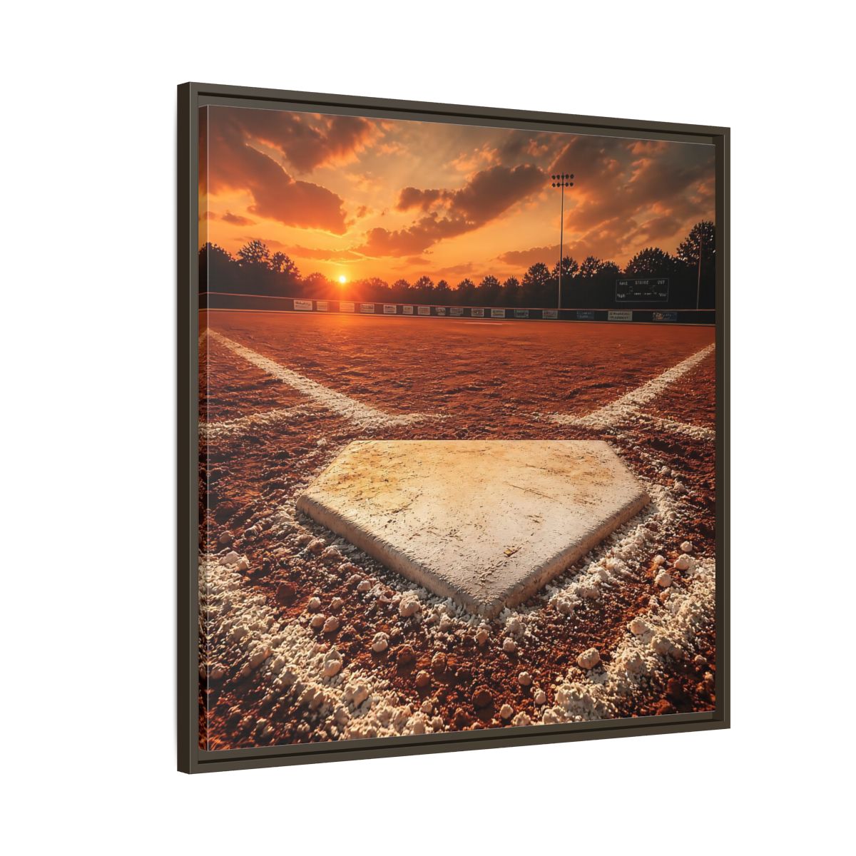 Side Mockup 8. Sunset At Home Plate shown as framed canvas print