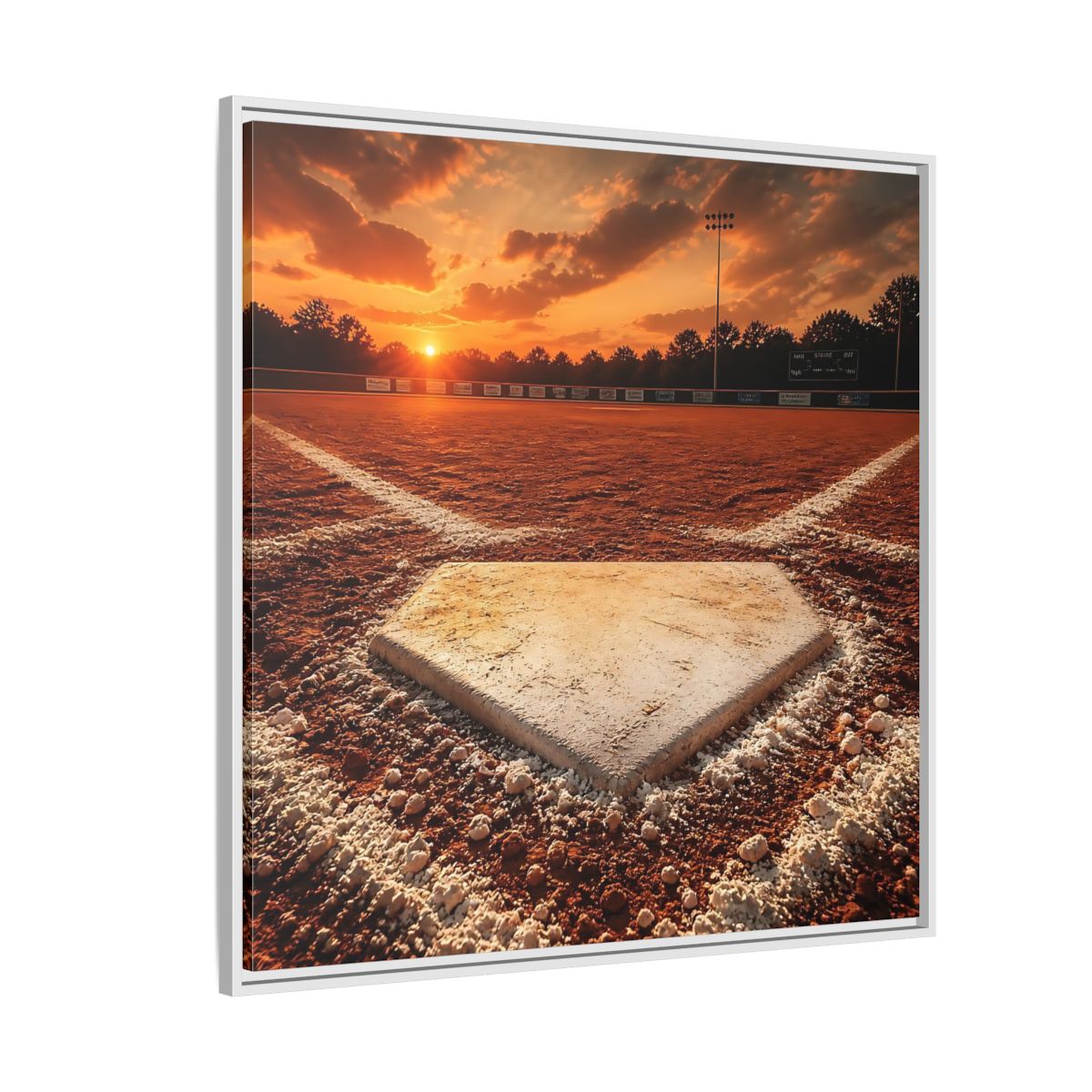 Side Mockup 4. Sunset At Home Plate shown as framed canvas print